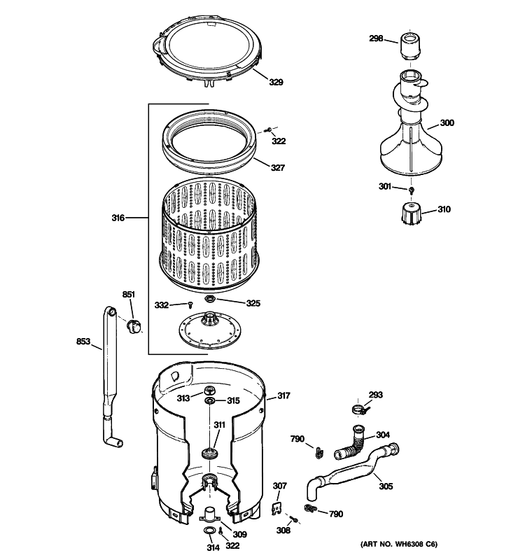 TUB, BASKET & AGITATOR Diagram and Parts List for WPRE8320H2WT  General Electric Washer
