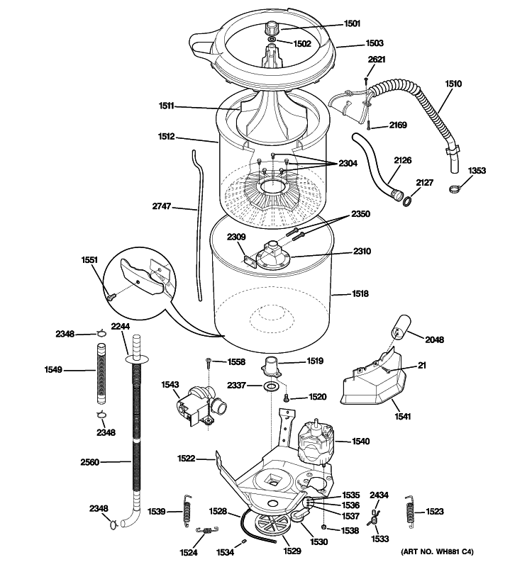 TUB & MOTOR Diagram and Parts List for WSM2700HCWWW  General Electric Washer Dryer Combo