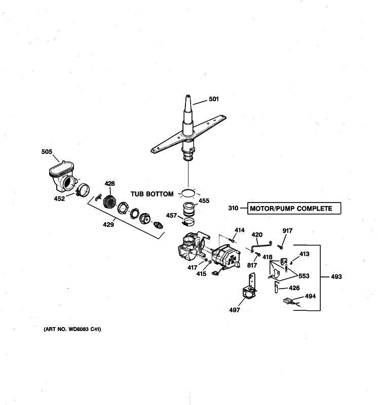 MOTOR-PUMP MECHANISM Diagram and Parts List for GSD4525F00BB  General Electric Dishwasher