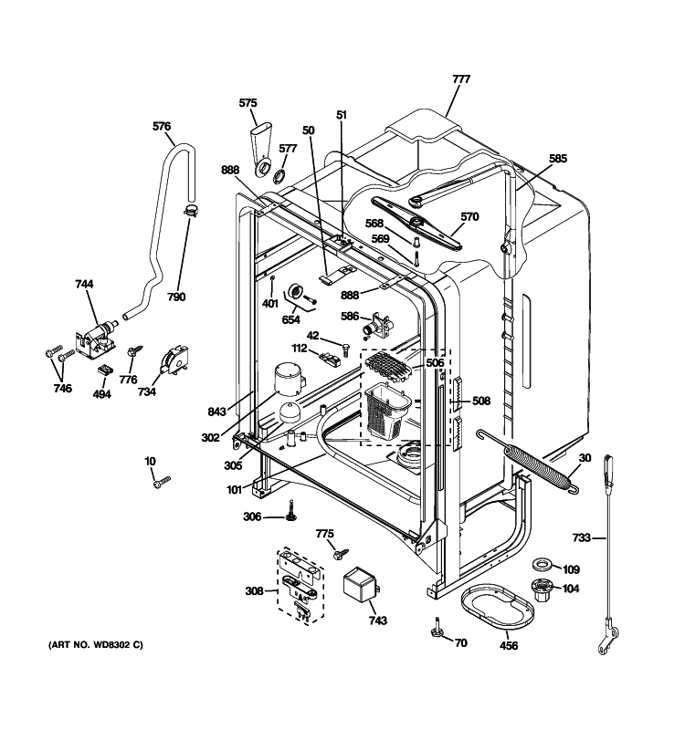 BODY PARTS Diagram and Parts List for GLD5800P10WW  General Electric Dishwasher