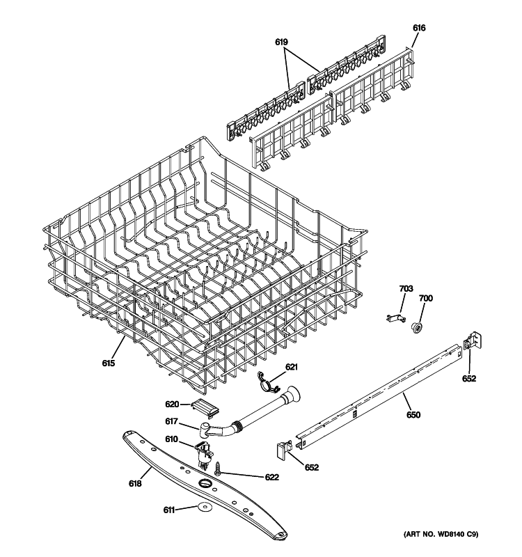 UPPER RACK ASSEMBLY Diagram and Parts List for GLD5800P10WW  General Electric Dishwasher