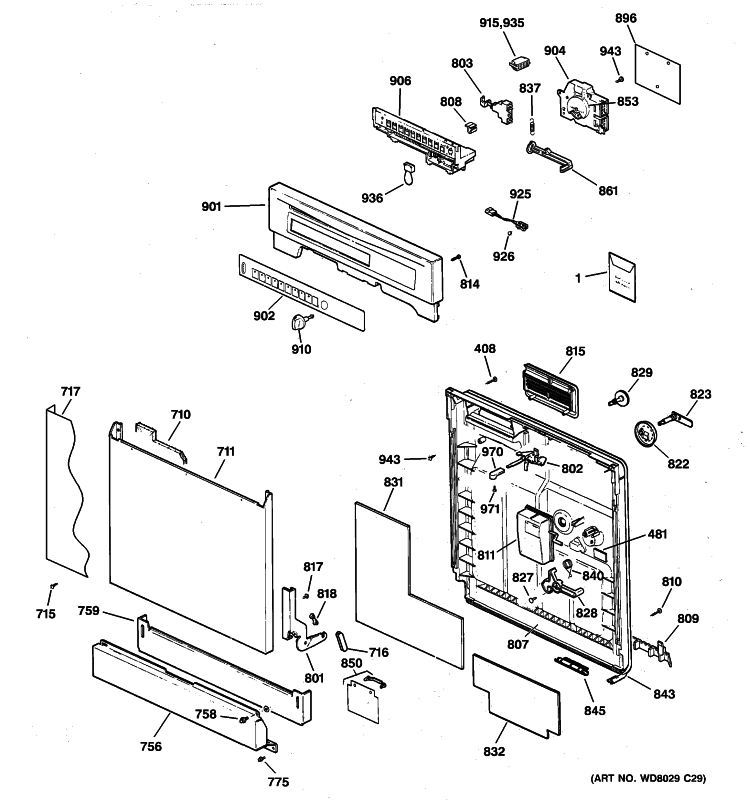ESCUTCHEON & DOOR ASSEMBLY Diagram and Parts List for GSD5030D00WW  General Electric Dishwasher