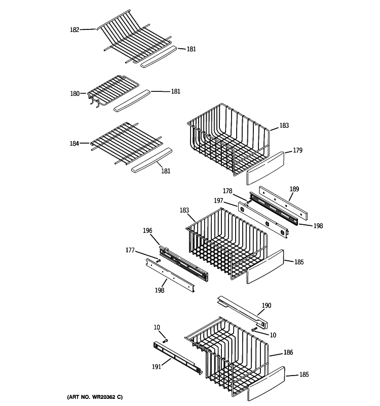 FREEZER SHELVES Diagram and Parts List for PHE25TGXAFBB  General Electric Refrigerator