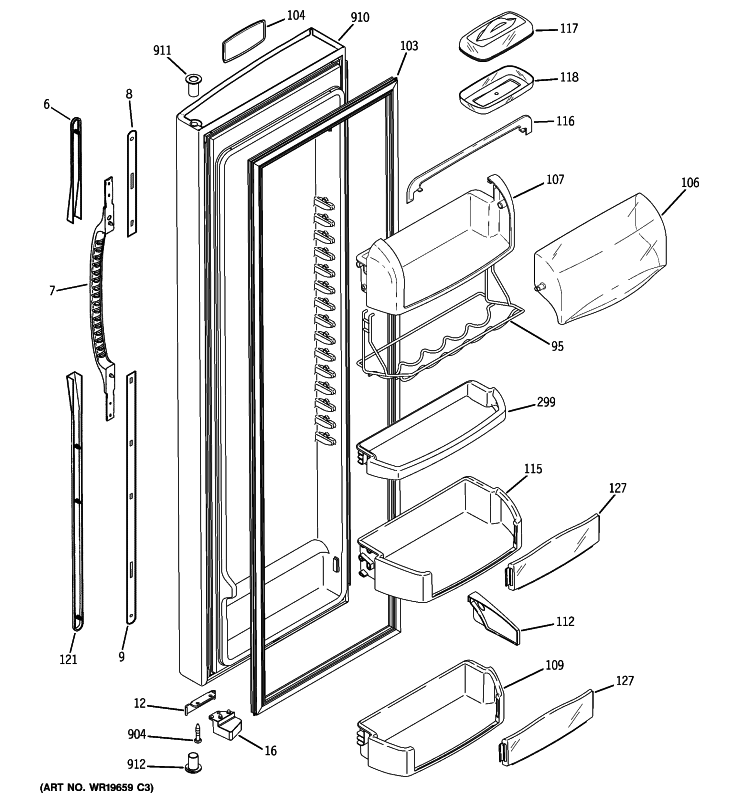 FRESH FOOD DOOR Diagram and Parts List for PSE27NGWIFWW  General Electric Refrigerator