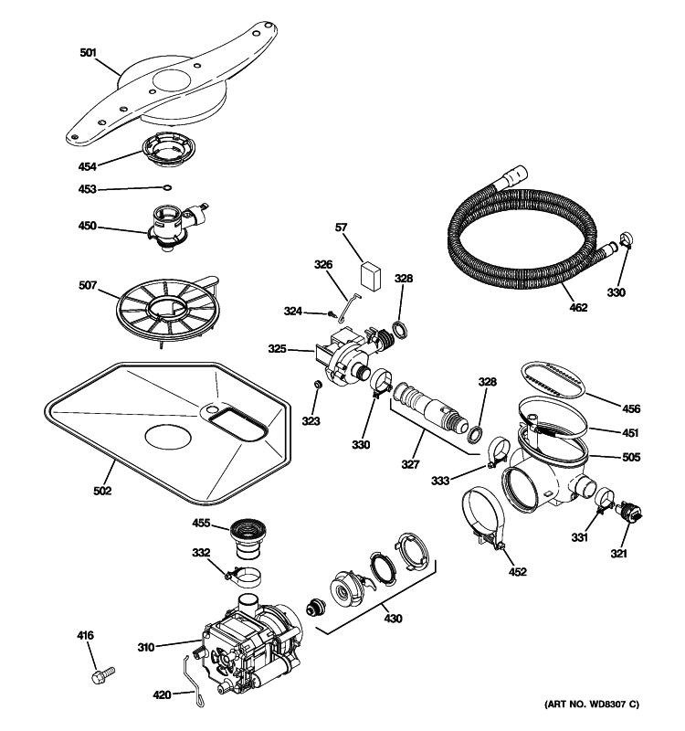 MOTOR-PUMP MECHANISM Diagram and Parts List for PDWT518P10SS  General Electric Dishwasher