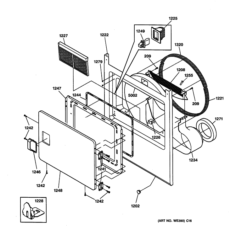 FRONT PANEL & DOOR Diagram and Parts List for DCCH43GH1WW  General Electric Dryer