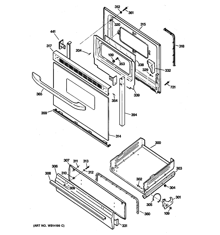 DOOR & DRAWER PARTS Diagram and Parts List for JGBS19BEM5CT  General Electric Range