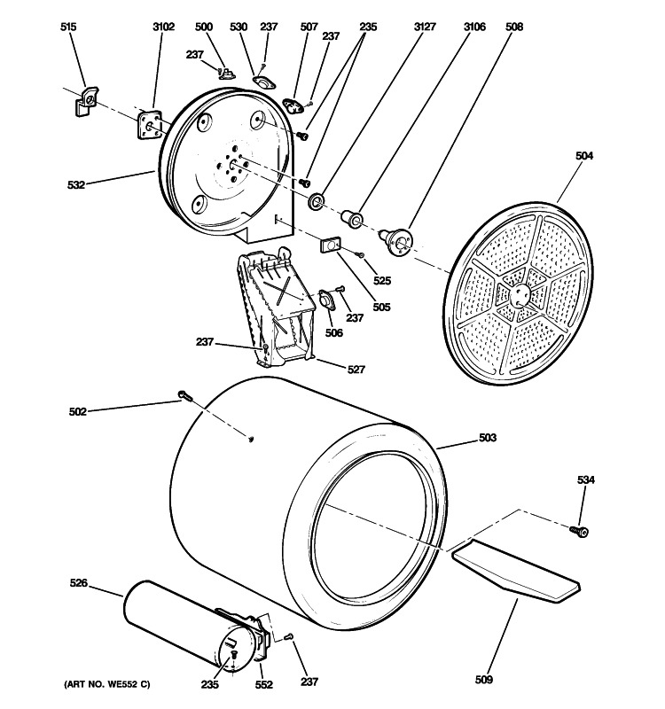 DRUM Diagram and Parts List for DNCD450GG7WC  General Electric Dryer
