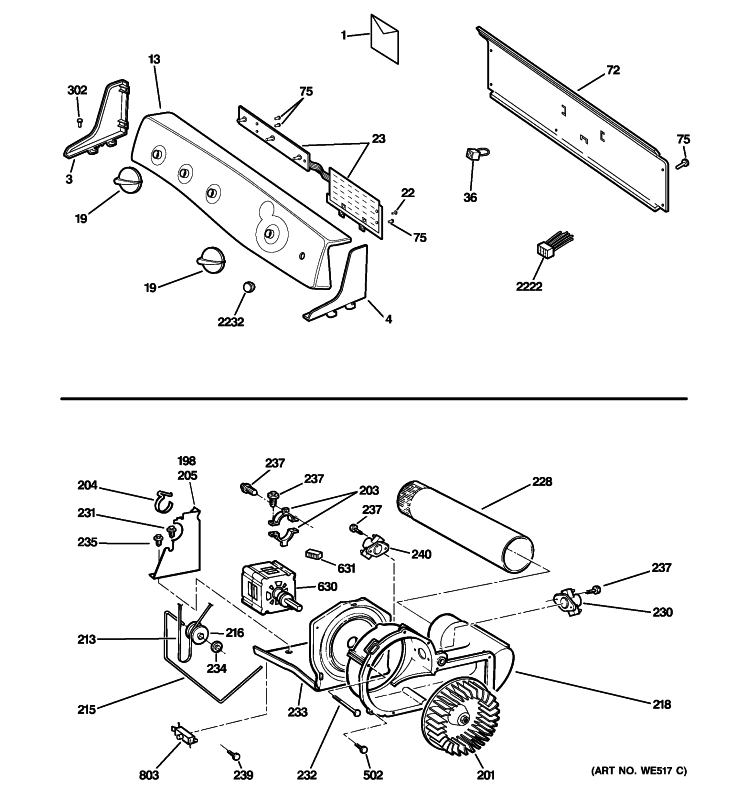 BACKSPLASH, BLOWER & MOTOR ASSEMBLY Diagram and Parts List for DPSE810GG7WT  General Electric Dryer