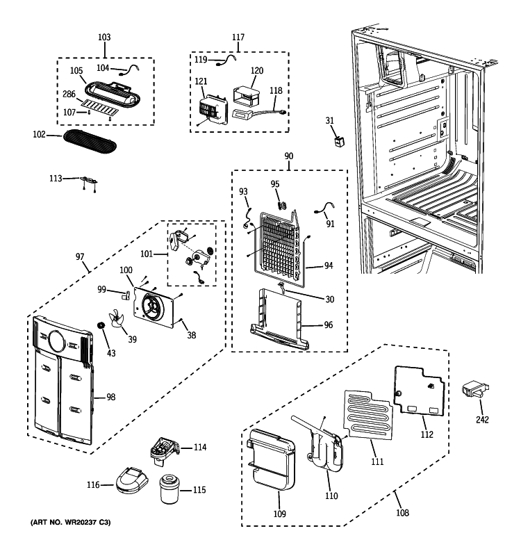 FRESH FOOD SECTION Diagram and Parts List for PFSF6PKXABB  General Electric Refrigerator
