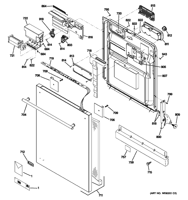 ESCUTCHEON & DOOR ASSEMBLY Diagram and Parts List for ZBD6910P00BB  General Electric Dishwasher