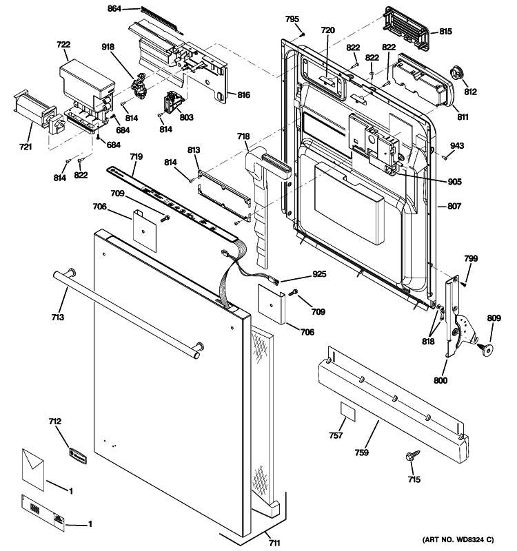 ESCUTCHEON & DOOR ASSEMBLY Diagram and Parts List for ZBD7920P00SS  General Electric Dishwasher