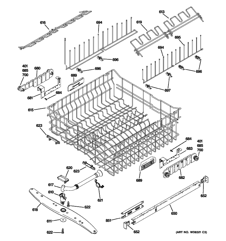 UPPER RACK ASSEMBLY Diagram and Parts List for ZBD7920P00SS  General Electric Dishwasher