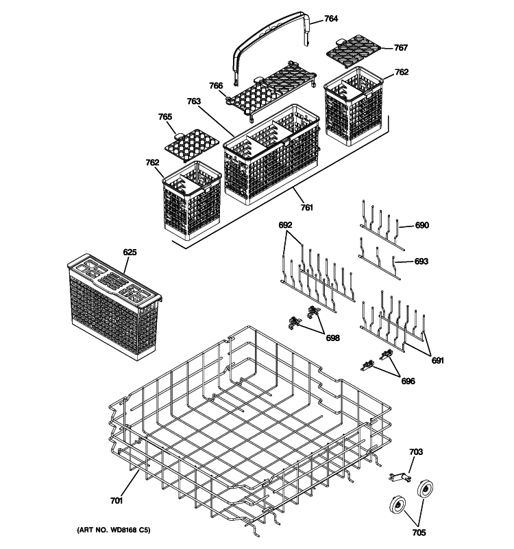 LOWER RACK ASSEMBLY Diagram and Parts List for ZBD7920P00SS  General Electric Dishwasher