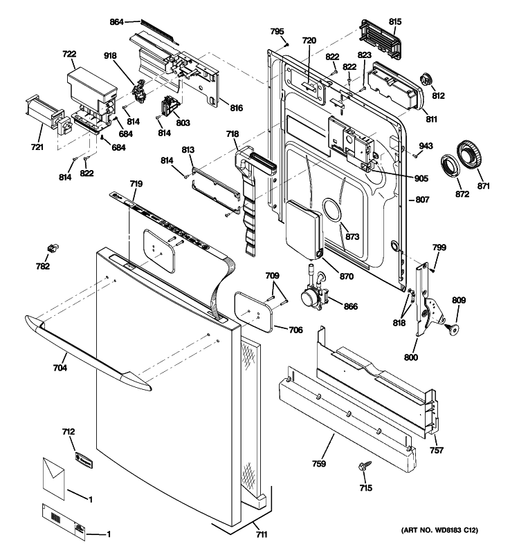 ESCUTCHEON & DOOR ASSEMBLY Diagram and Parts List for ZBD8920P00SS  General Electric Dishwasher