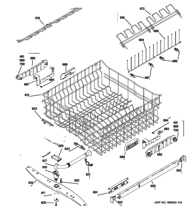 UPPER RACK ASSEMBLY Diagram and Parts List for ZBD8920P00SS  General Electric Dishwasher