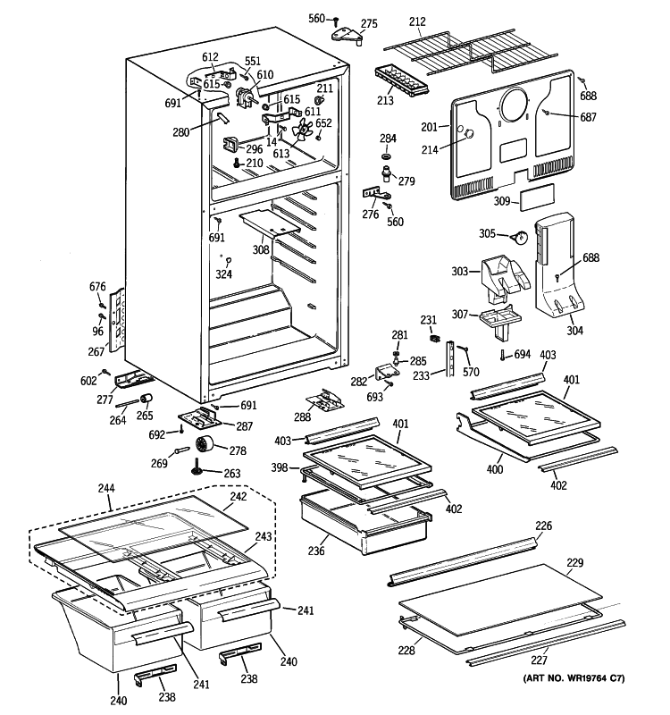 CABINET Diagram and Parts List for CTS18HBSDRWW  General Electric Refrigerator