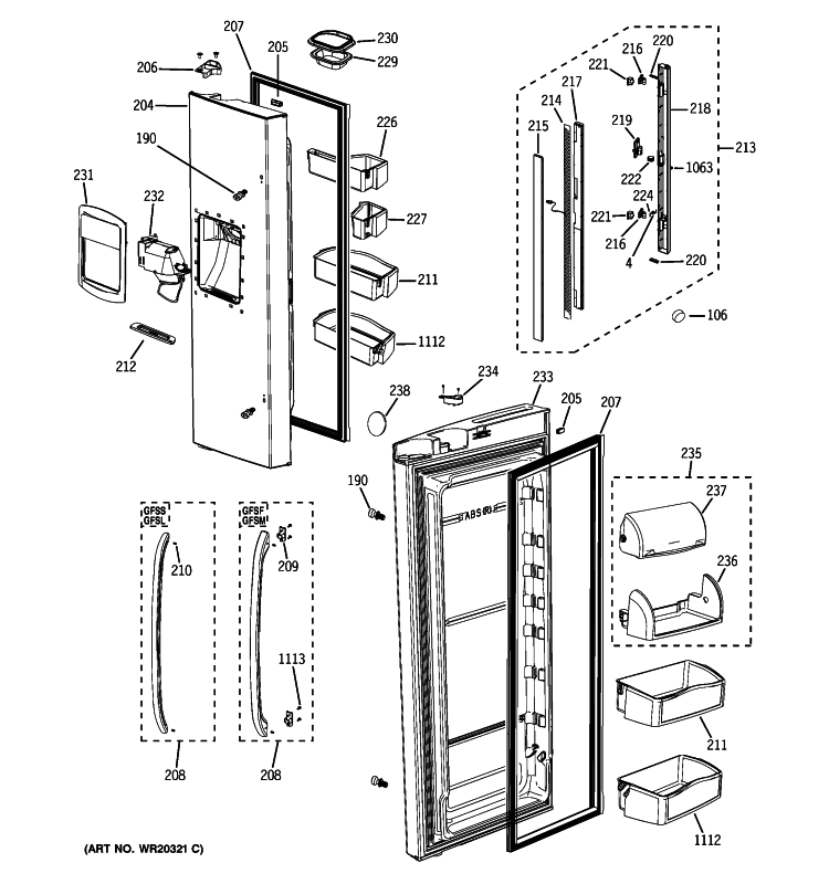 FRESH FOOD DOORS Diagram and Parts List for GFSF6KKXBBB  General Electric Refrigerator