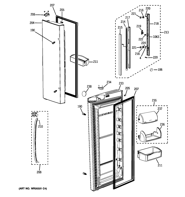 FRESH FOOD DOORS Diagram and Parts List for GFSS6KIXBSS  General Electric Refrigerator