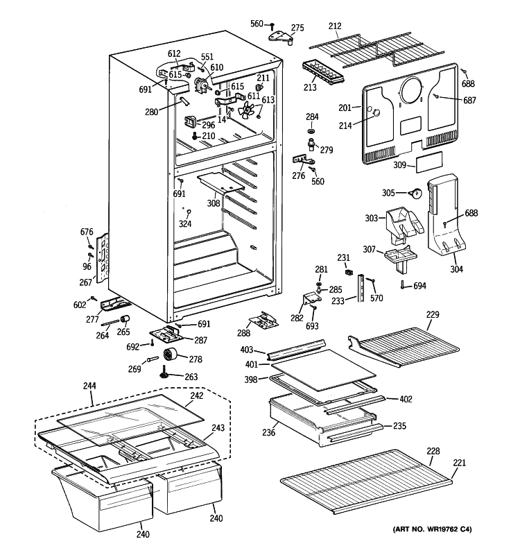 CABINET Diagram and Parts List for GTS18FBSDRWW  General Electric Refrigerator