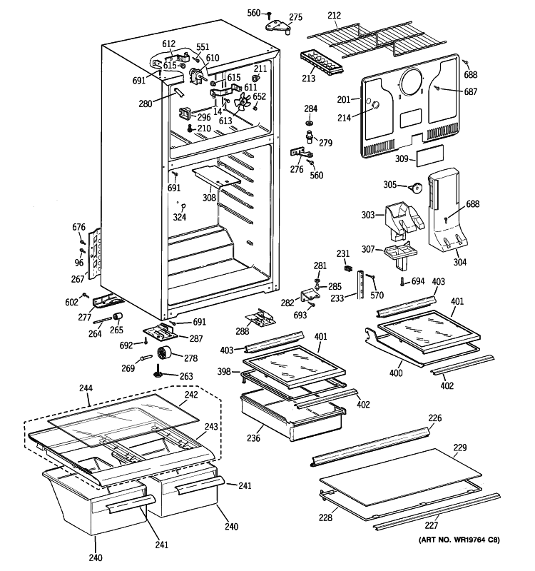 CABINET Diagram and Parts List for GTS18HBSDLWW  General Electric Refrigerator