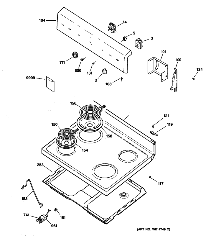 CONTROL PANEL & COOKTOP Diagram and Parts List for RB525DP1CT  Hotpoint Range