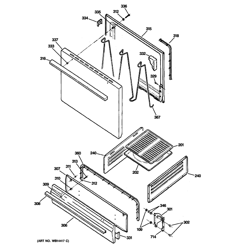 DOOR & DRAWER PARTS Diagram and Parts List for RGB508PPH5CT  Hotpoint Range