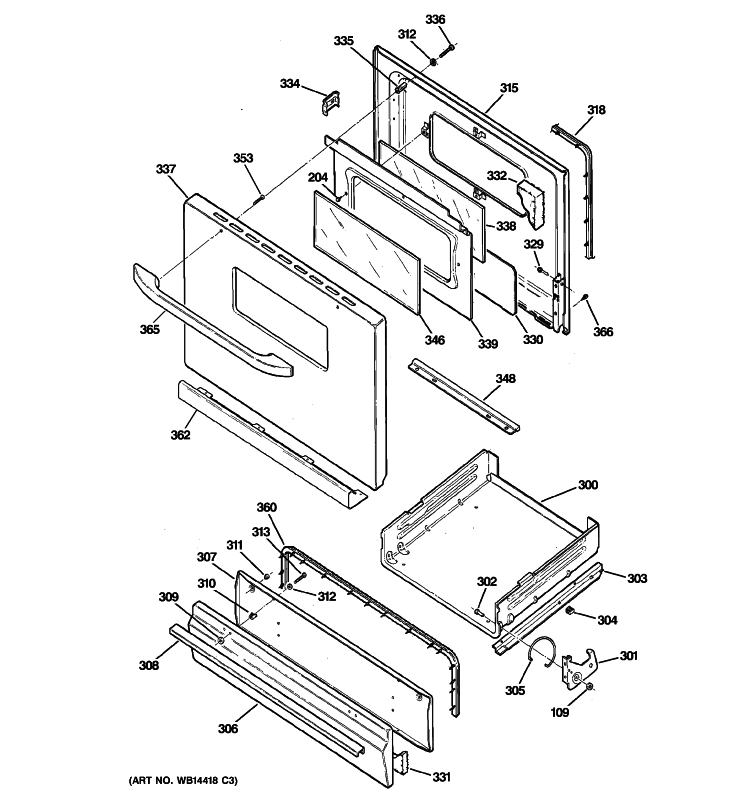 DOOR & DRAWER PARTS Diagram and Parts List for RGB528PEP1BB  Hotpoint Range