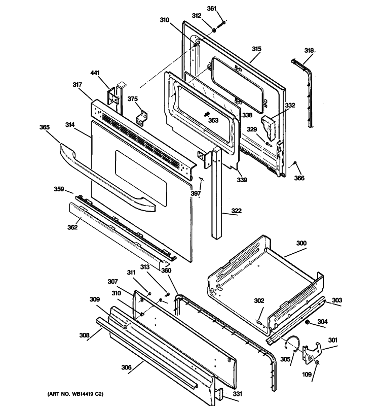 DOOR & DRAWER PARTS Diagram and Parts List for RGB533DEP1BB  Hotpoint Range
