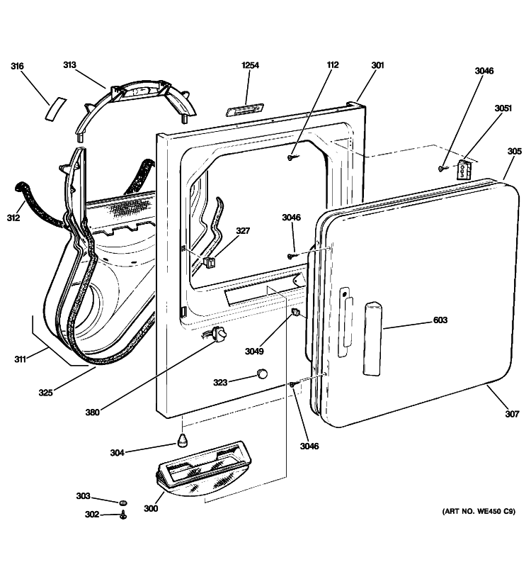 FRONT PANEL & DOOR Diagram and Parts List for DCCB330GJ0WC  General Electric Dryer