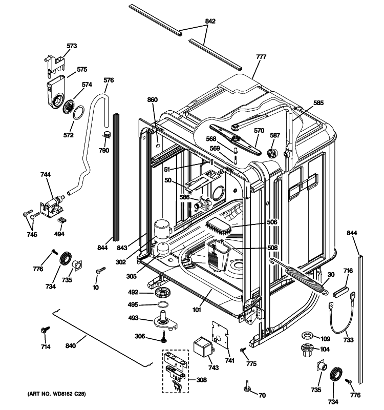 BODY PARTS Diagram and Parts List for GDWT100R00BB  General Electric Dishwasher