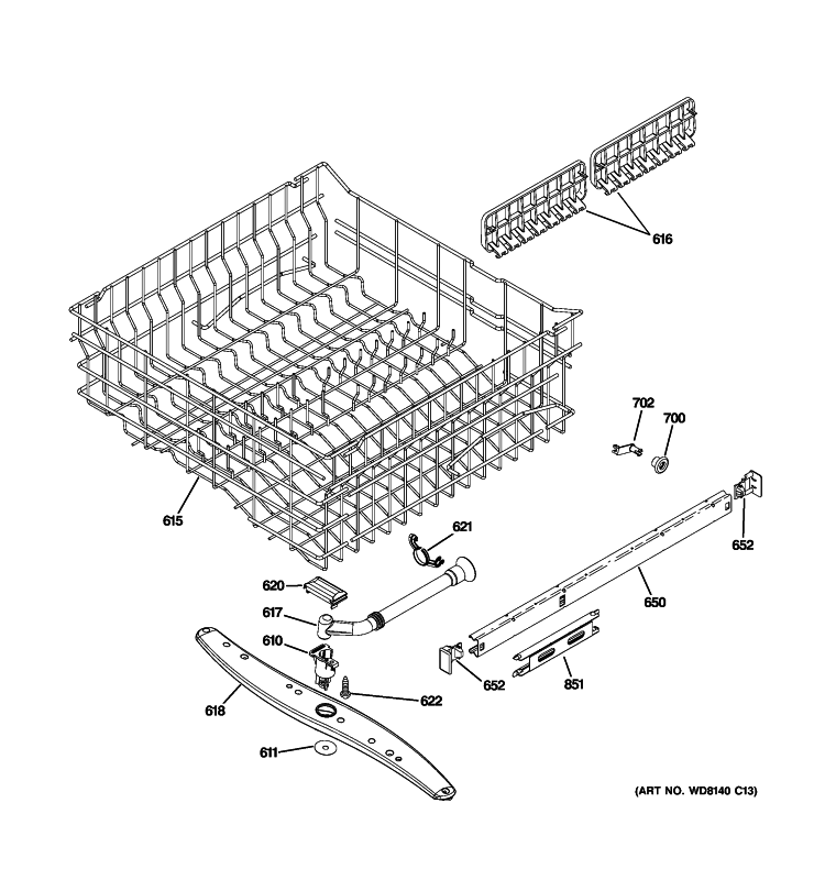 UPPER RACK ASSEMBLY Diagram and Parts List for GDWT100R00BB  General Electric Dishwasher