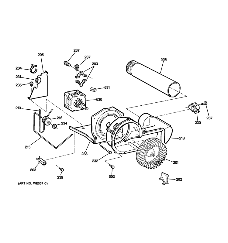 BLOWER & DRIVE ASSEMBLY Diagram and Parts List for DMCD330GH1WC  General Electric Dryer