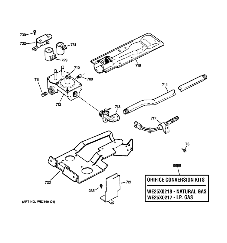 GAS VALVE & BURNER ASSEMBLY Diagram and Parts List for DMCD330GH1WC  General Electric Dryer