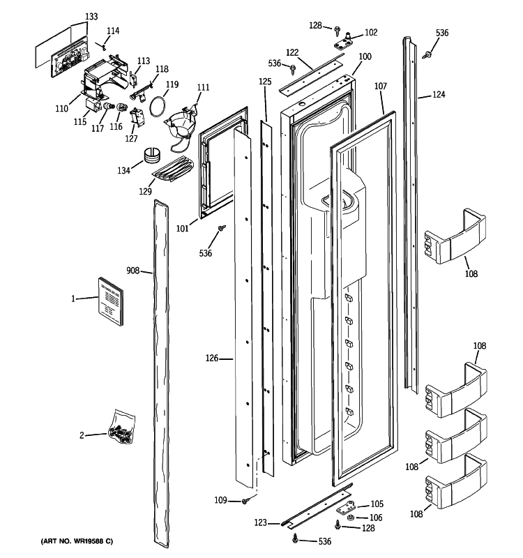 FREEZER DOOR Diagram and Parts List for ZISB480DRK  General Electric Refrigerator