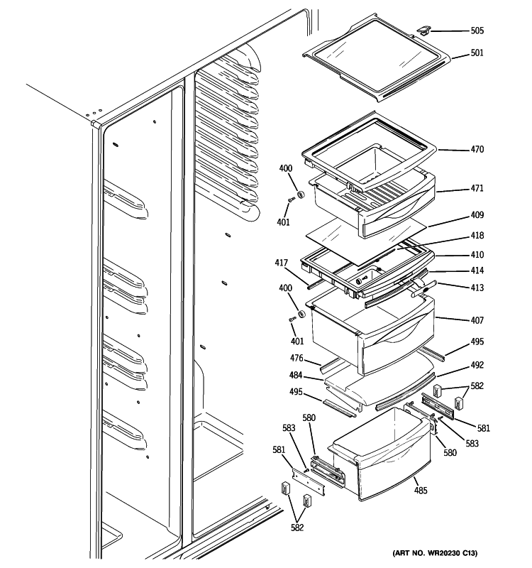 FRESH FOOD SHELVES Diagram and Parts List for GSCS3KGYAFSS  General Electric Refrigerator