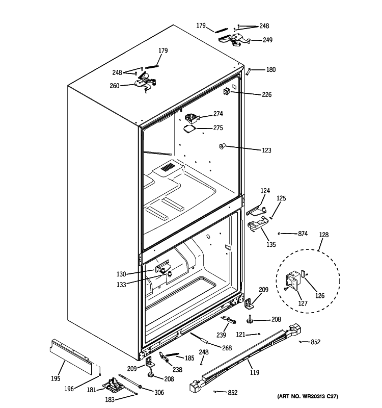 CASE PARTS Diagram and Parts List for ZFGB21HYASS  General Electric Refrigerator