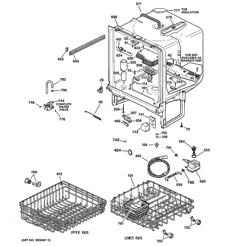 BODY PARTS Diagram and Parts List for GSD3200G00WW  General Electric Dishwasher