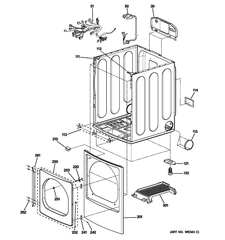 CABINET, FRONT PANEL & DOOR Diagram and Parts List for DPGT650GH0WW  General Electric Dryer