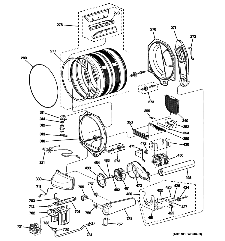 DRUM, MOTOR & BLOWER Diagram and Parts List for DPGT650GH0WW  General Electric Dryer