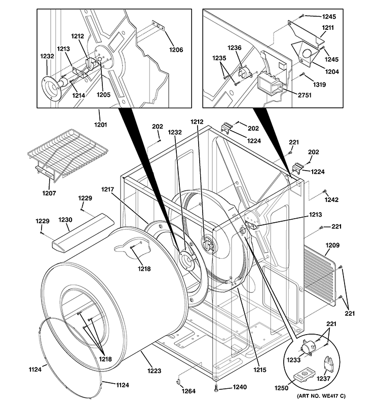 CABINET & DRUM Diagram and Parts List for DPXH46EA3WW  General Electric Dryer