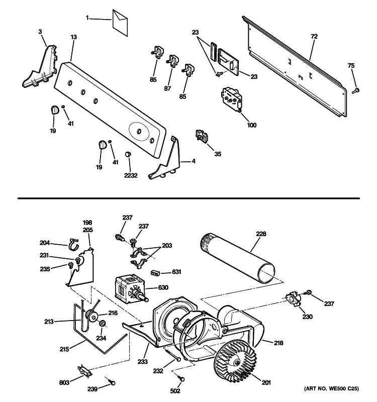 BACKSPLASH, BLOWER & MOTOR ASSEMBLY Diagram and Parts List for DRSR495EG7WW  General Electric Dryer