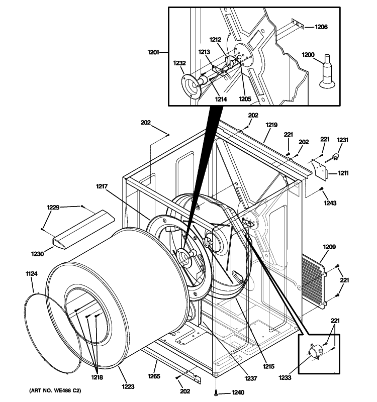 CABINET & DRUM Diagram and Parts List for DSXH47GG1WW  General Electric Dryer
