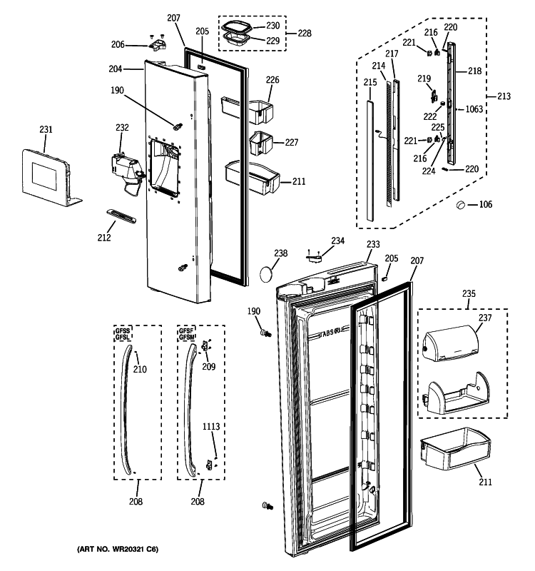 FRESH FOOD DOORS Diagram and Parts List for GFSF6KKYABB  General Electric Refrigerator