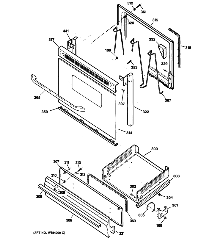DOOR & DRAWER PARTS Diagram and Parts List for JGBS04BEM4WH  General Electric Range
