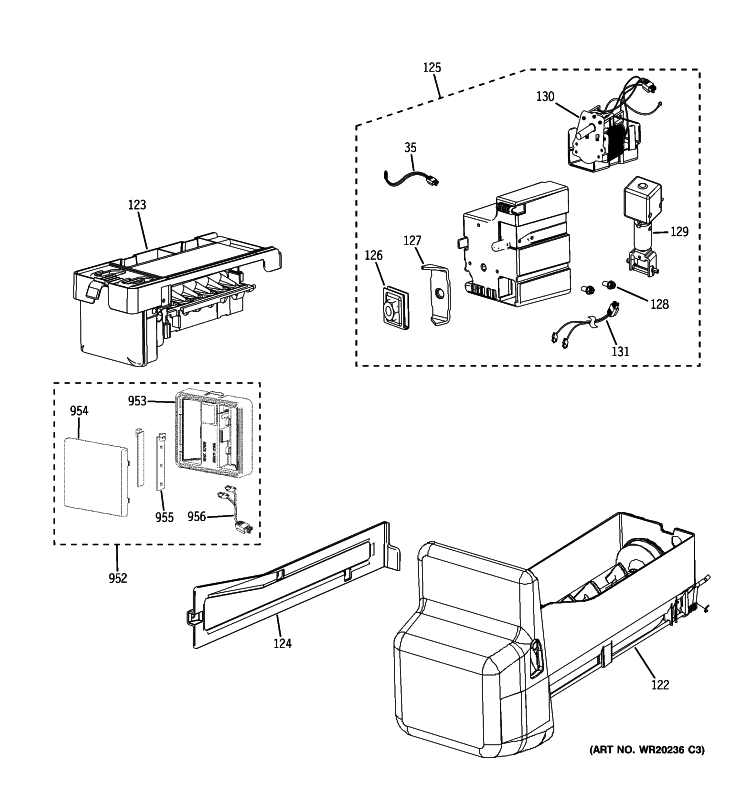 ICE MAKER & DISPENSER Diagram and Parts List for PFSS6SMXBSS  General Electric Refrigerator