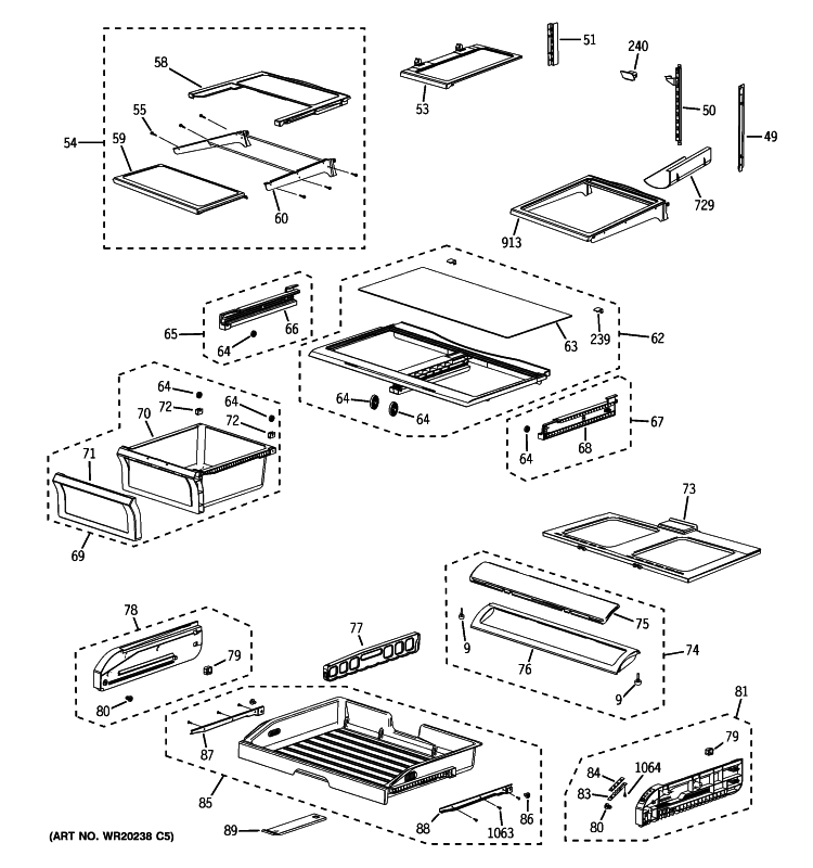FRESH FOOD SHELVES Diagram and Parts List for PFSS6SMXBSS  General Electric Refrigerator