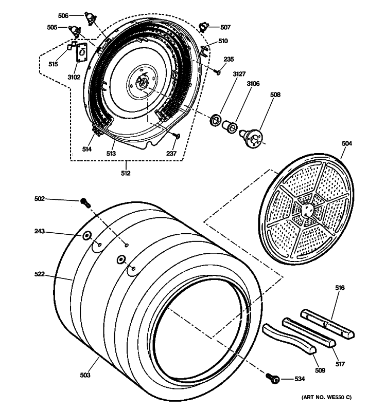 DRUM Diagram and Parts List for DPVH891EK0WW  General Electric Dryer