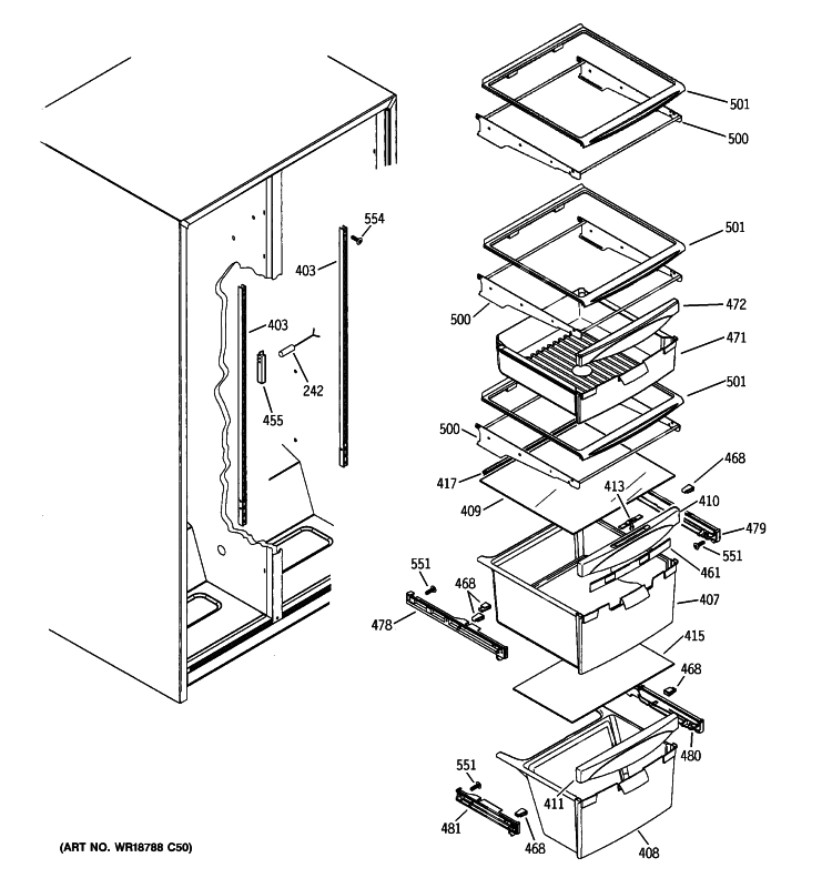 FRESH FOOD SHELVES Diagram and Parts List for ESL22JFXJLB  General Electric Refrigerator