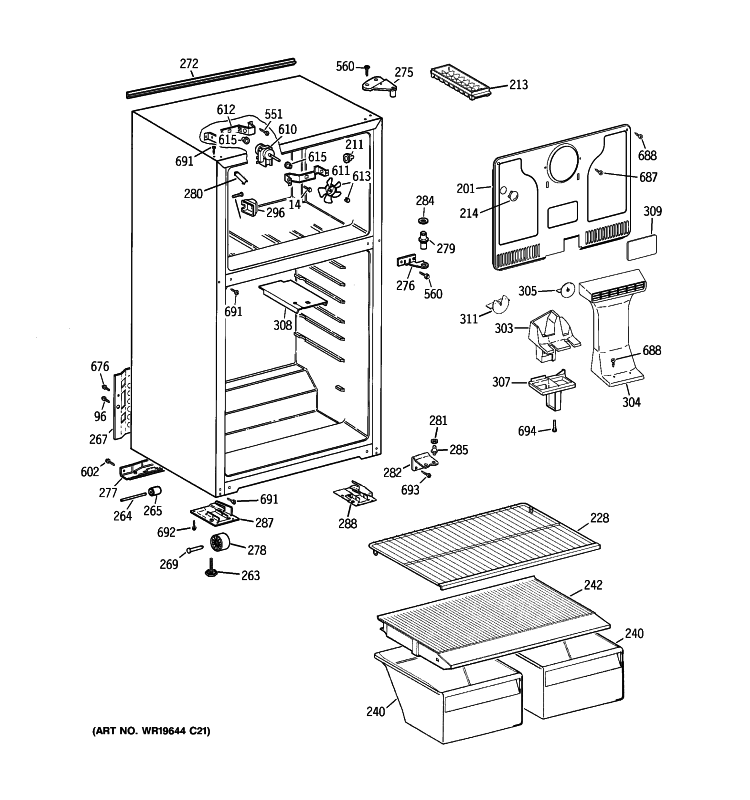 CABINET Diagram and Parts List for GTE16BBSMRWW  General Electric Refrigerator